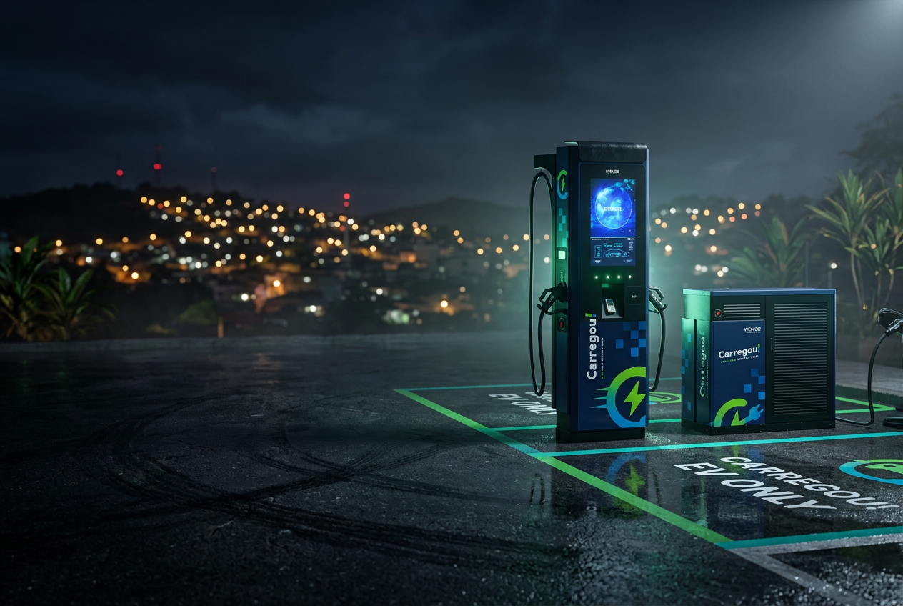 Estação de recarga rápida Carregou! de 80 kW em Joaçaba, Santa Catarina, à noite